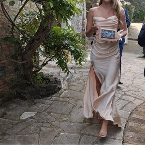 champagne cowl neck satin dress with slit - NEVER WORN